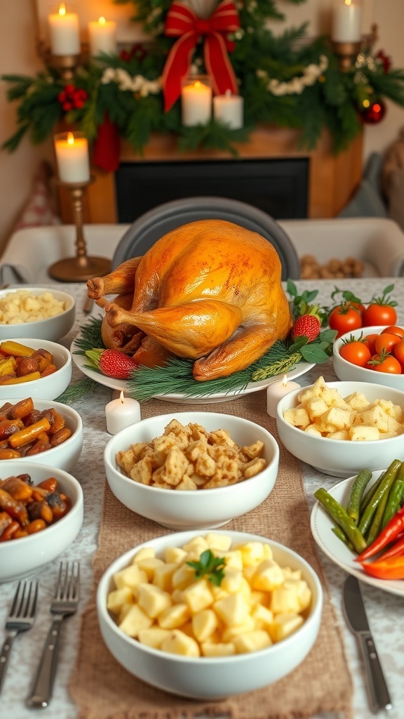 A festive Christmas dinner table with roast turkey, mashed potatoes, stuffing, and seasonal vegetables.
